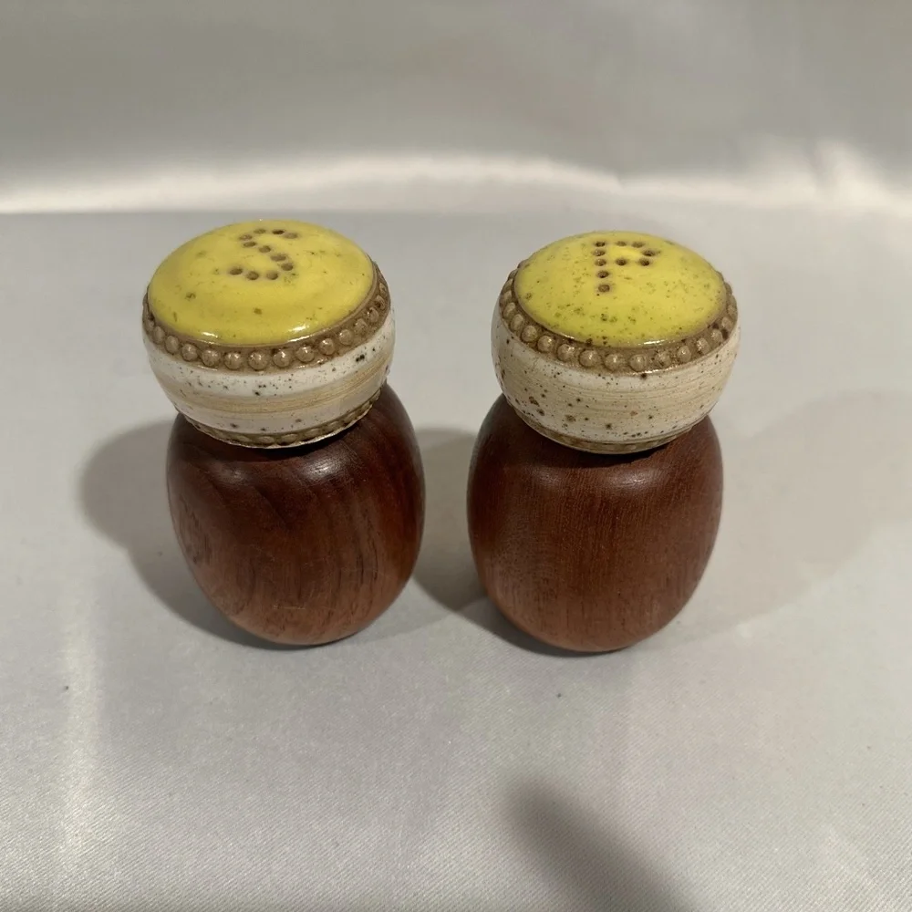 Mid-Century Teak Salt Pepper Shakers with Yellow Ceramic Tops